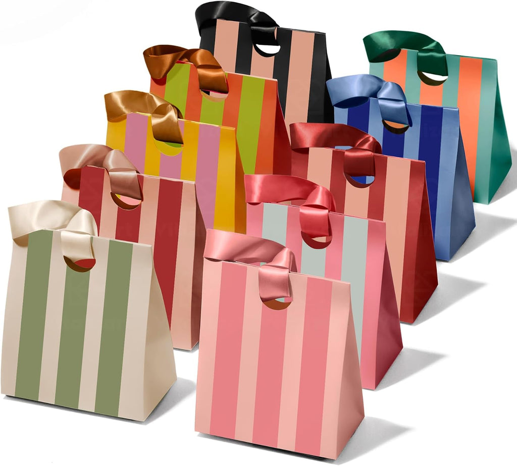 Striped Paper Gift Bags With Ribbon Handles Small Bulk Pack