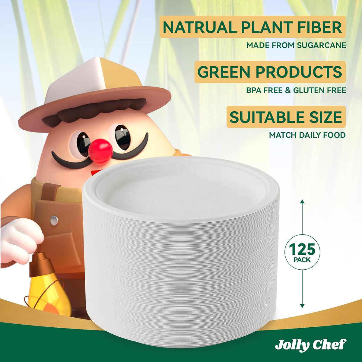 Compostable Heavy Duty 10 Inch 125 Pack Disposable Eco-Friendly Paper Plate