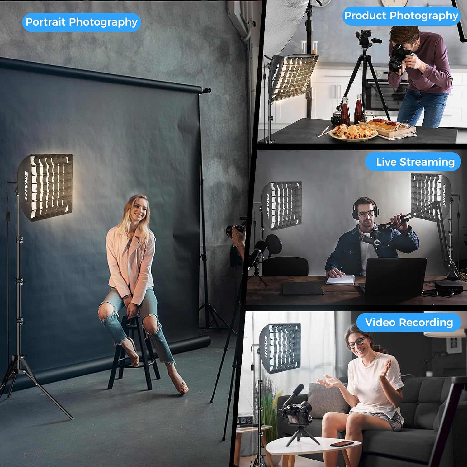 Softbox Lighting Kit with Grid, 50W 16"x16" Soft Box for Photography | Pull Softbox, 3000K-6000K LED Bulb with