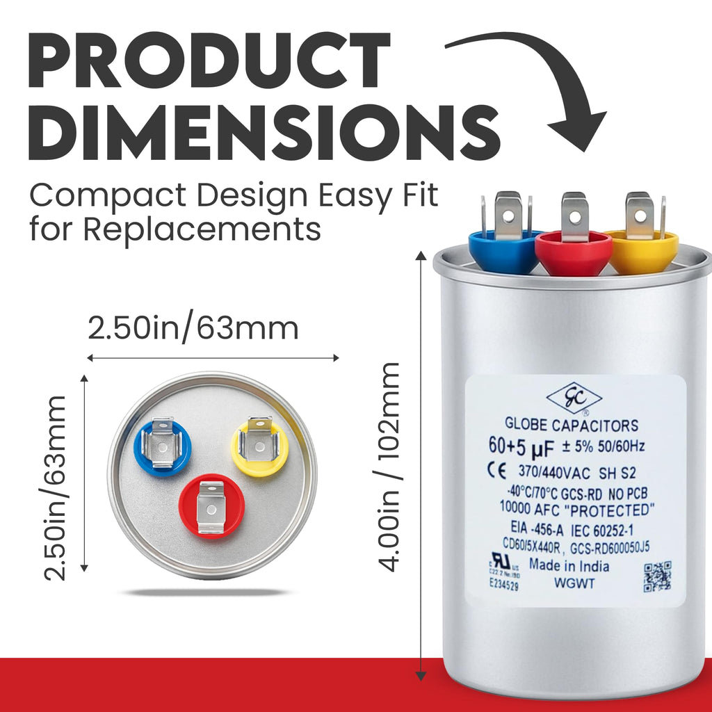Globe Capacitor, Round Run Start, 60+5MFD CBB65 Dual Element, 370V/440V
