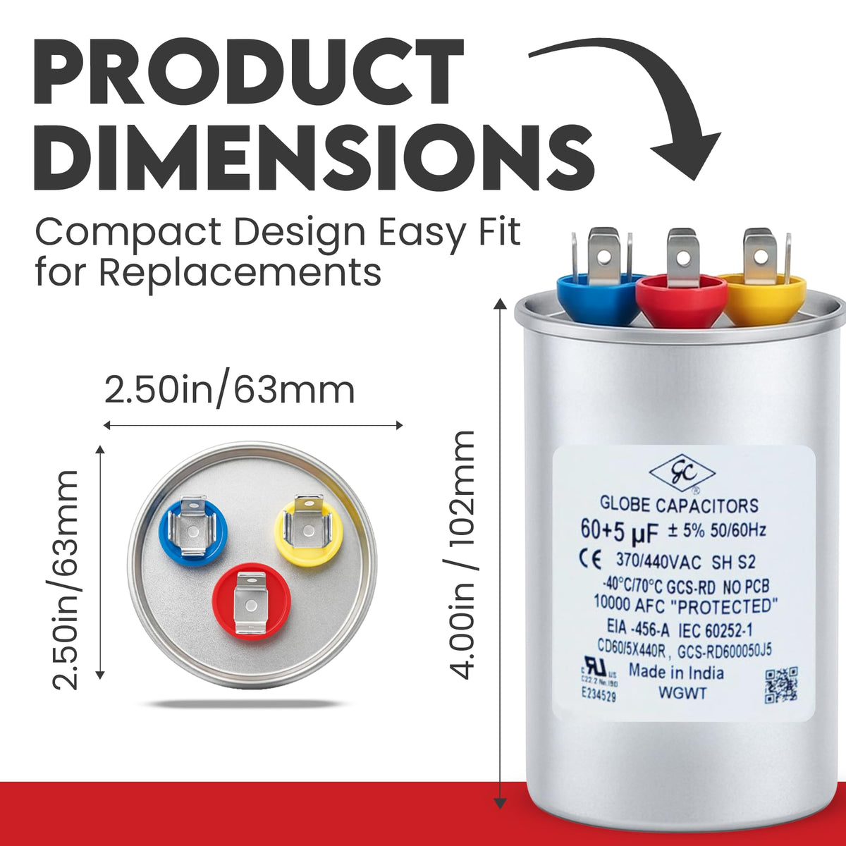 Globe Capacitor, Round Run Start, 60+5MFD CBB65 Dual Element, 370V/440V