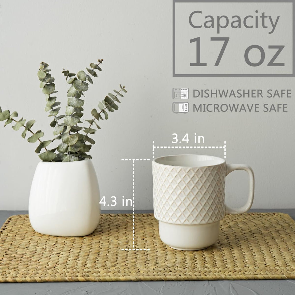 Large Ceramic Stackable Coffee Mugs Set of 6, 17 Oz, Dishwasher and Microwave Safe (White, 17 Oz)