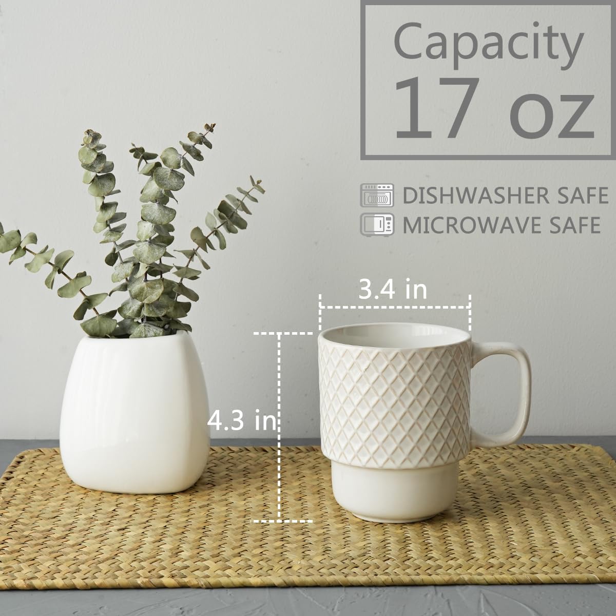 Large Ceramic Stackable Coffee Mugs Set of 6, 17 Oz, Dishwasher and Microwave Safe (White, 17 Oz)