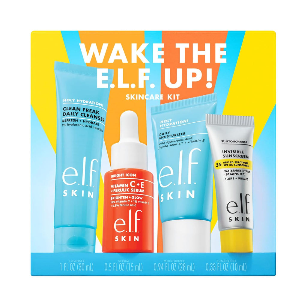 SKIN Wake the e.l.f. Up Skincare Kit, Travel-Size Hydrating Face Cleanser, Sunscreen, Moisturizer & Brightening