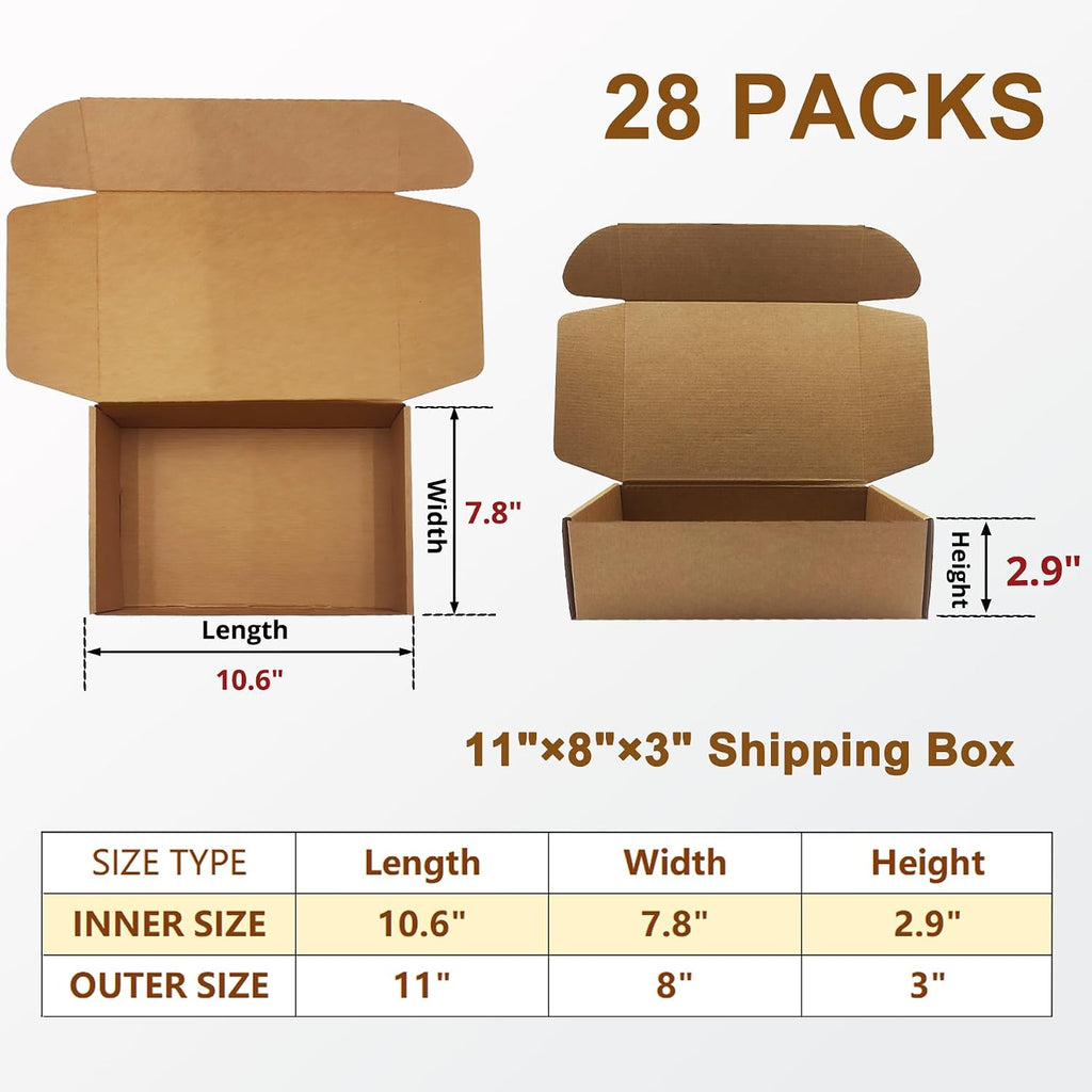 11 x8 x3 inches Corrugated Shipping Boxes, Brown Cardboard Mailers, 28 Pack