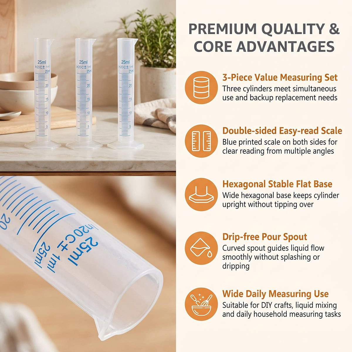 3 Pcs Plastic Graduated Cylinders, 2-Sided Measuring Lines，25ml