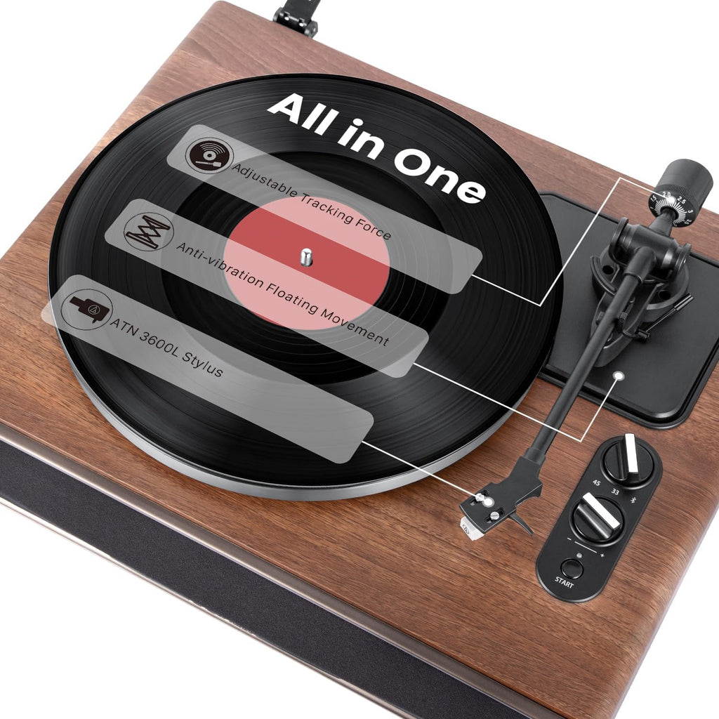 1 BY ONE High Fidelity Belt Drive Turntable with Built-in Speakers | Vinyl Record Player with Magnetic Cartridge