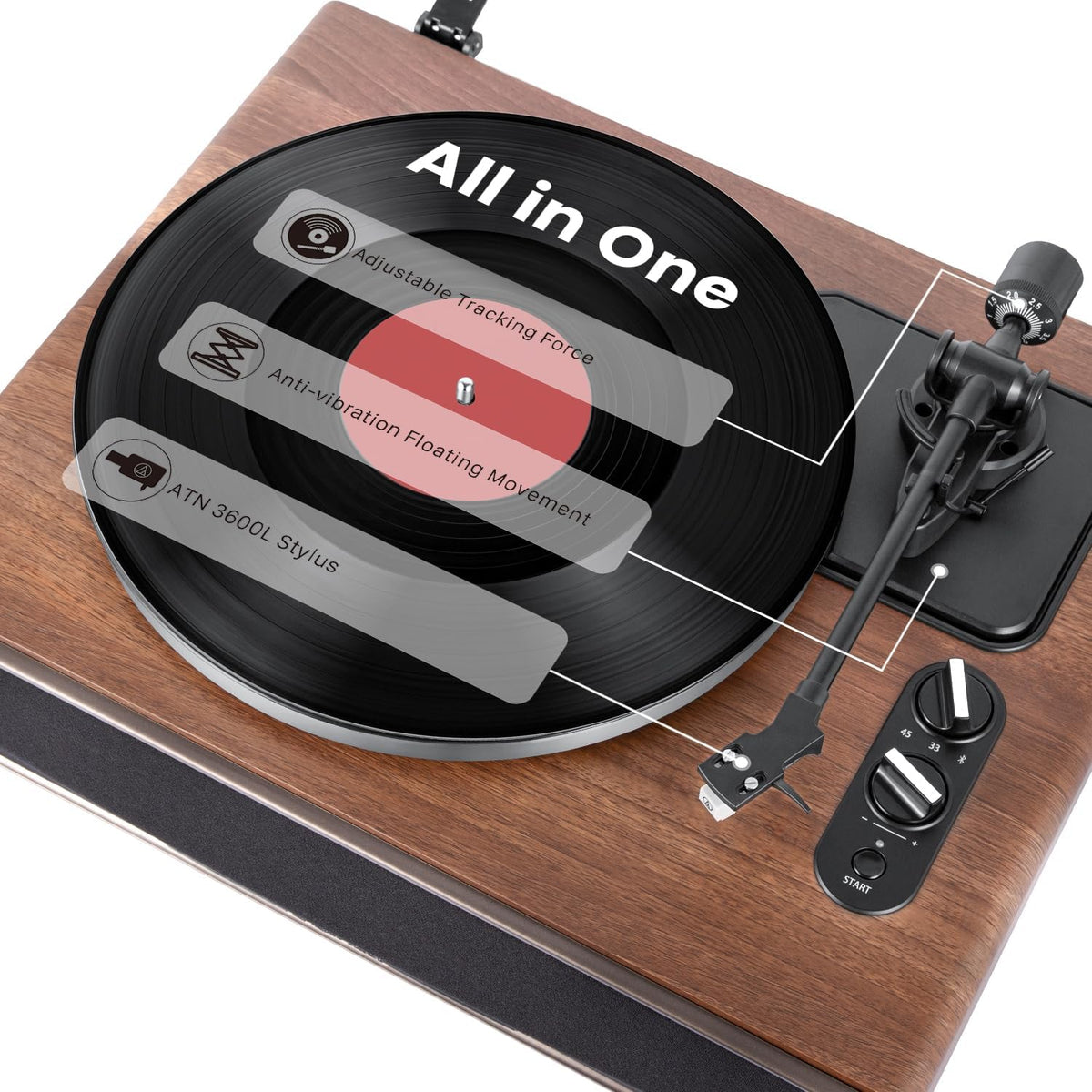 1 BY ONE High Fidelity Belt Drive Turntable with Built-in Speakers | Vinyl Record Player with Magnetic Cartridge