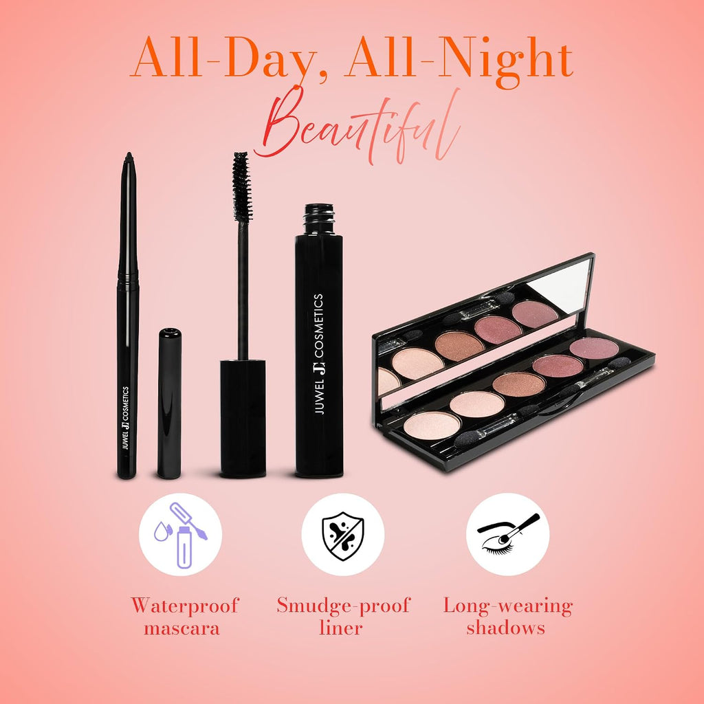 Bundle Pack of Volumizing and Lengthening Onyx Black Mascara, Automatic Eyeliner & Highly Pigmented 5 Shades Eye