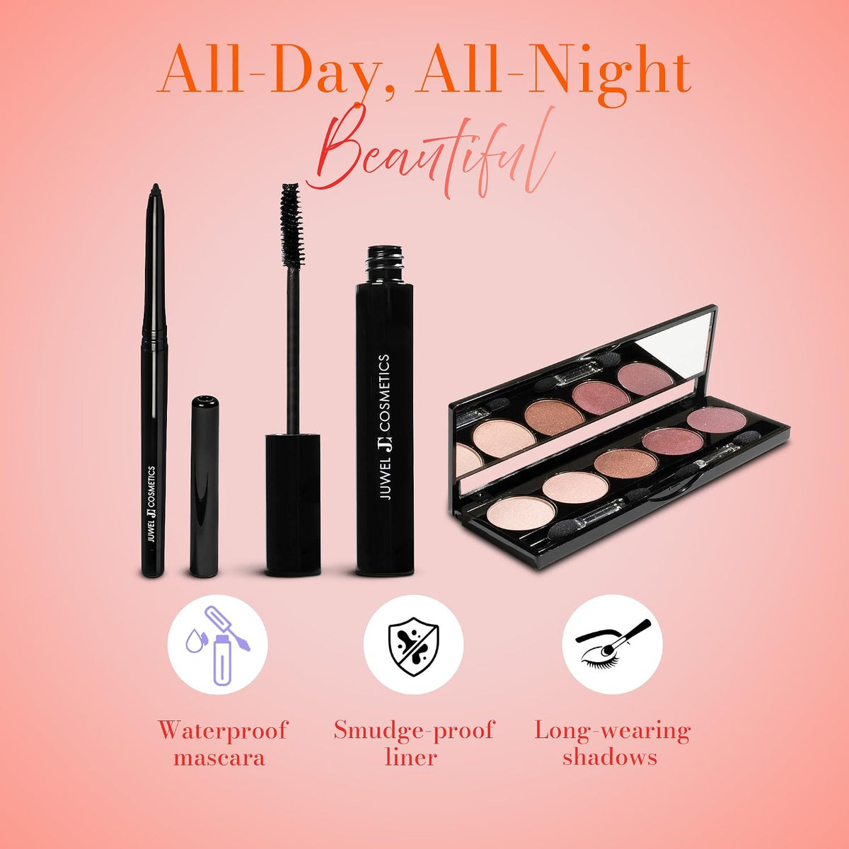 Bundle Pack of Volumizing and Lengthening Onyx Black Mascara, Automatic Eyeliner & Highly Pigmented 5 Shades Eye