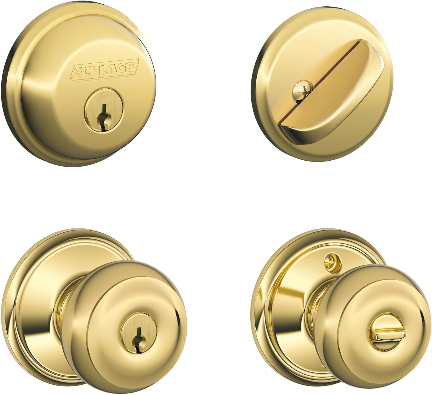 FB50N V GEO 505 B60 Single Cylinder Deadbolt and F51 Keyed Entry Georgian Knob Keyed Alike, Bright Brass Finish