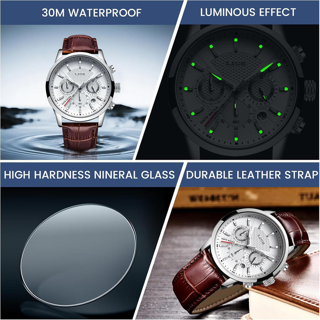 Wrist Leather Watches for Men Analog Dress Chronograph Waterproof Vintage Work Casual Quartz with Date Display