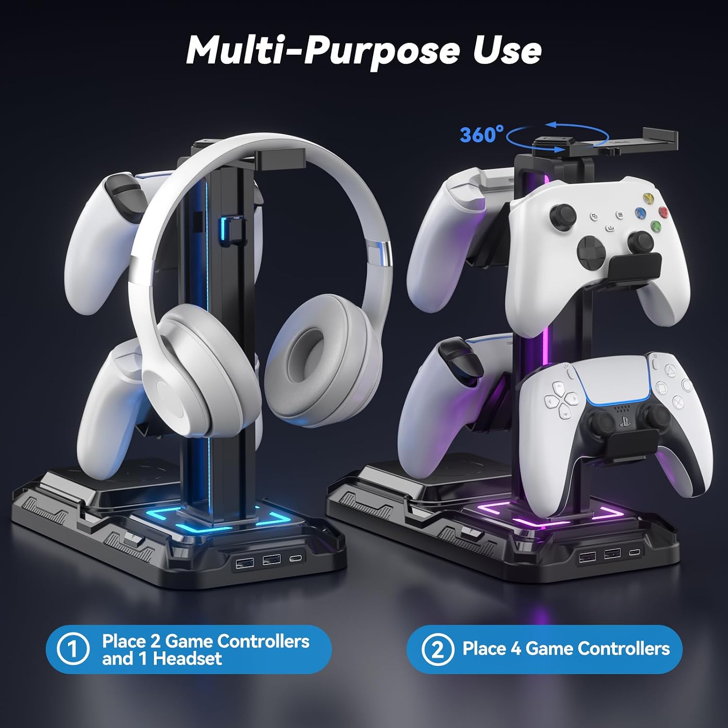 Headphone & Controller Stand with Wireless Charging - Rotatable Headset Stand with 9 Light Modes - Controller Holder