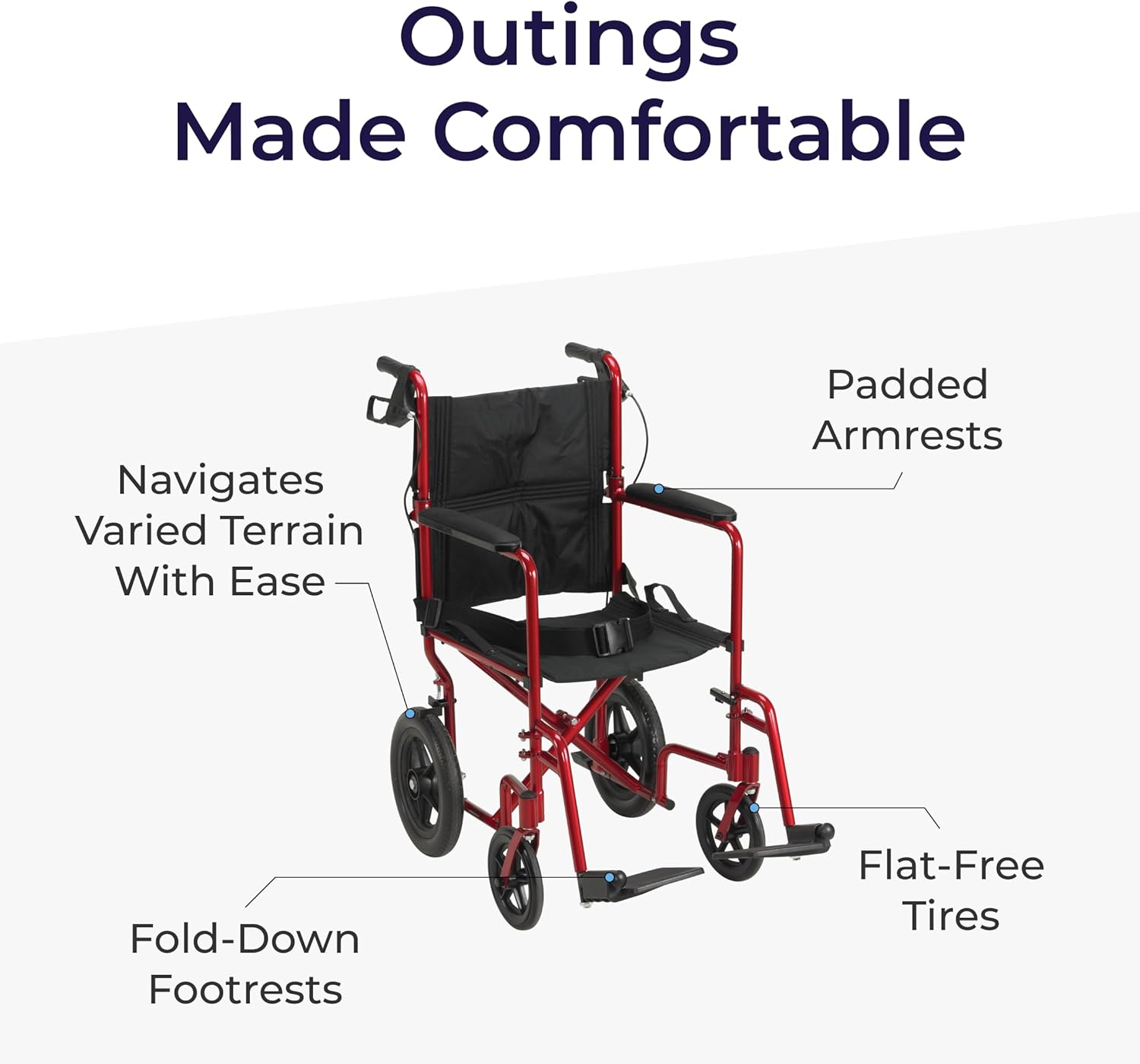Lightweight Expedition Transport Wheelchair with Hand Brakes, Red