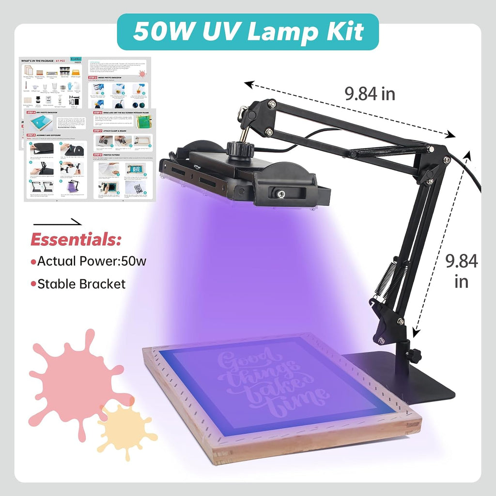 Screen Printing Kit 63pcs All-in-One Set with 50W LED UV Light, 3 Size Wood Screen Printing Frames, 6 Colors Screen
