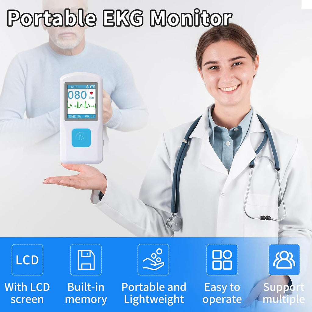 EKG Monitor Device, Personal Heart Rate Monitor with LCD Screen and Storage, Portable ECG Monitor Compatible with PC