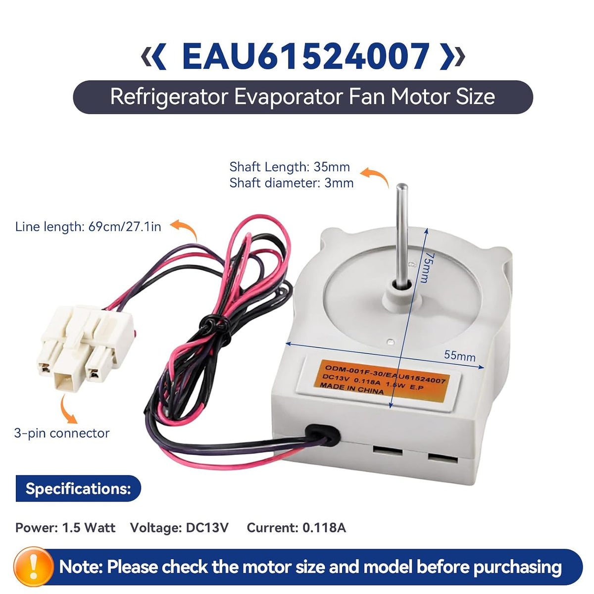 EAU61524007 Refrigerator Evaporator Fan Motor Compatible with LG