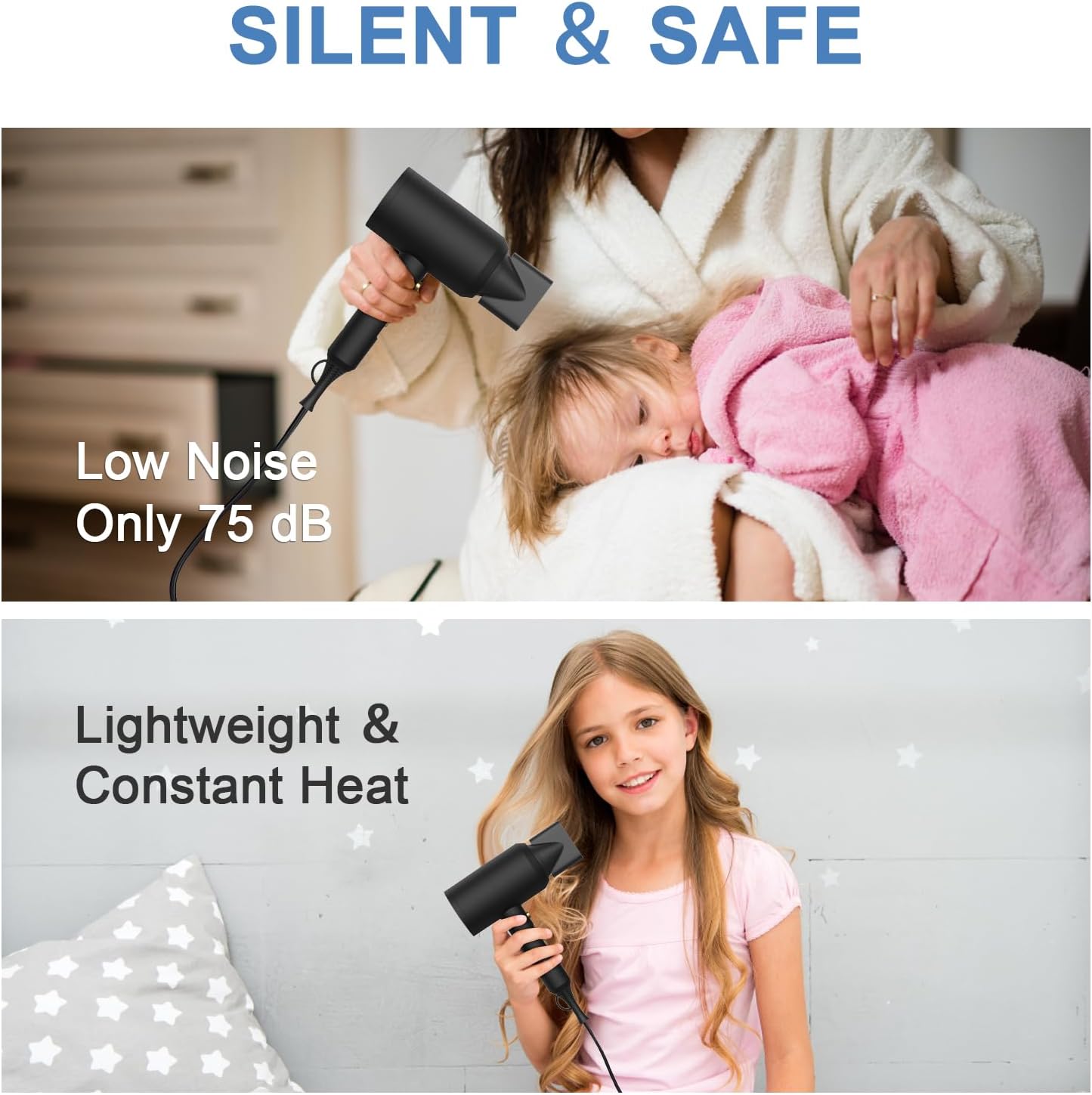 Professional Ionic Hair Dryer, Powerful 1800W Fast Drying Low Noise Blow Dryer with 2 Concentrator Nozzle 1 Diffuser
