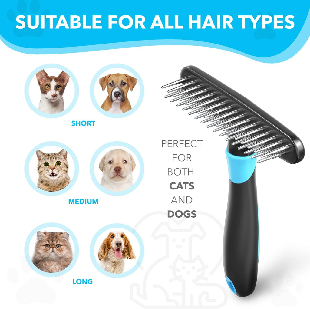 Deshedding Brush - Undercoat Rake for Dogs, Cats, Matted, Short, Long Hair Coats - Double Row Stainless Steel Pins
