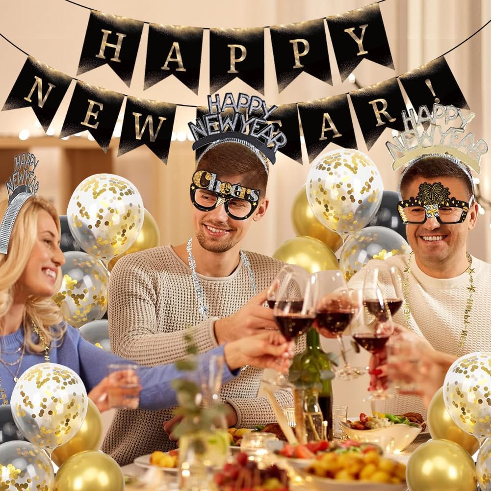 Happy New Year Eve Party Supplies 2027– Complete New Years Decorations Set with Happy New Year Banner, Black & Gold