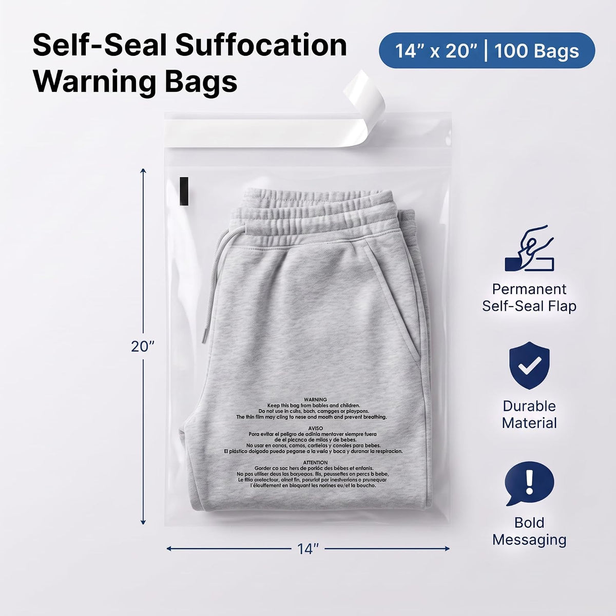14” X 20” (100 Count) Self Seal Clear Poly Bags with Suffocation Warning
