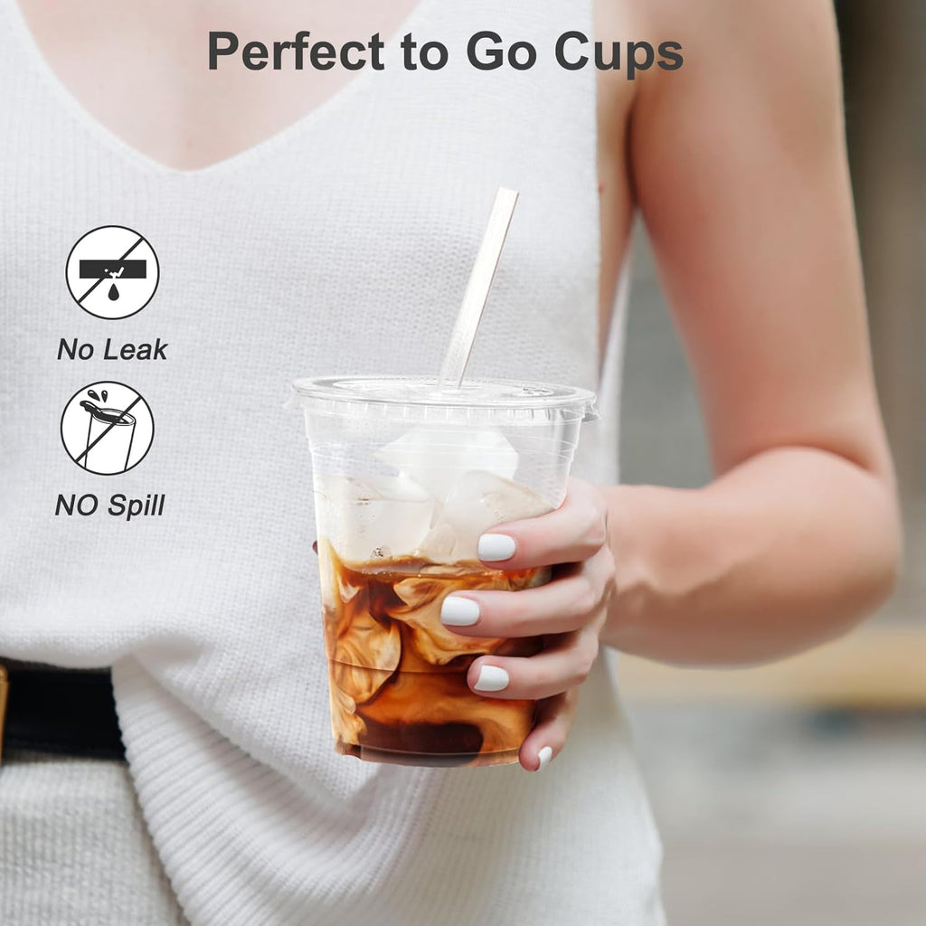 100 Pack - 16 oz Clear Plastic Cups with Lids and Straws