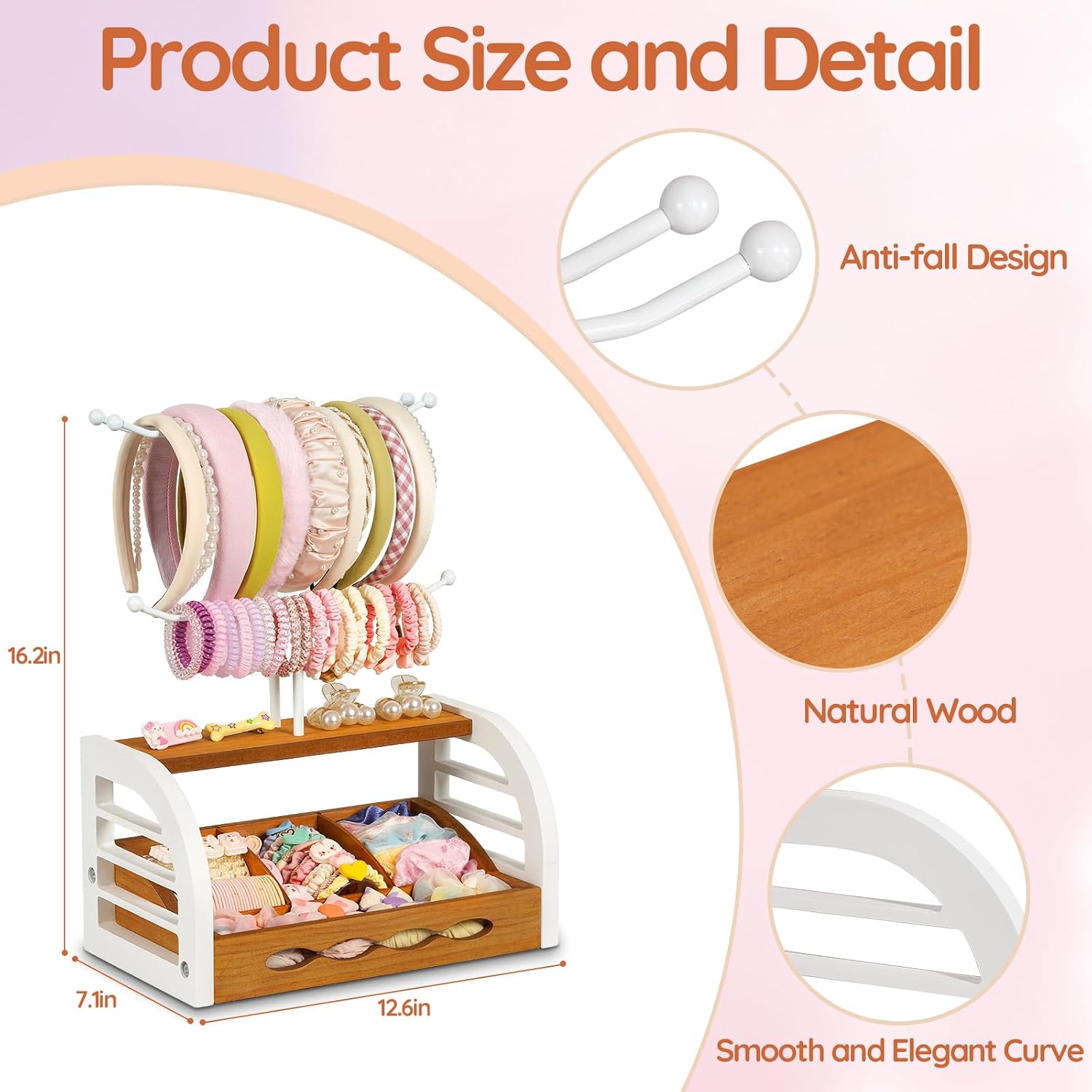 Headband Holder Stand, Hair Accessories Organizer with Dividers | Wood & Metal Tiered Storage Rack for Scrunchies