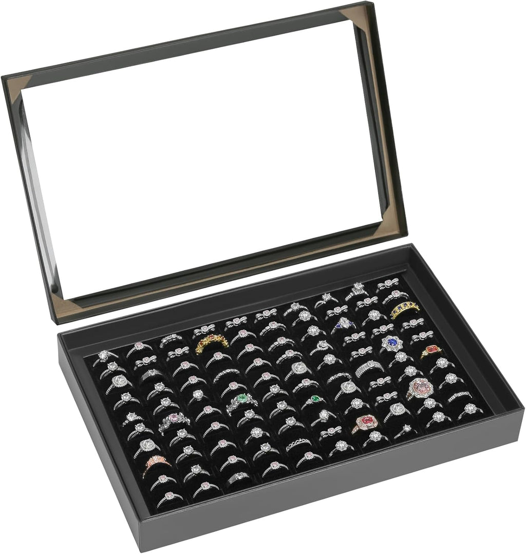 100 Slots Ring Earring Holder Display Case, Velvet Jewelry Ring Earring Storage Organizer Box Tray with Clear Lid for