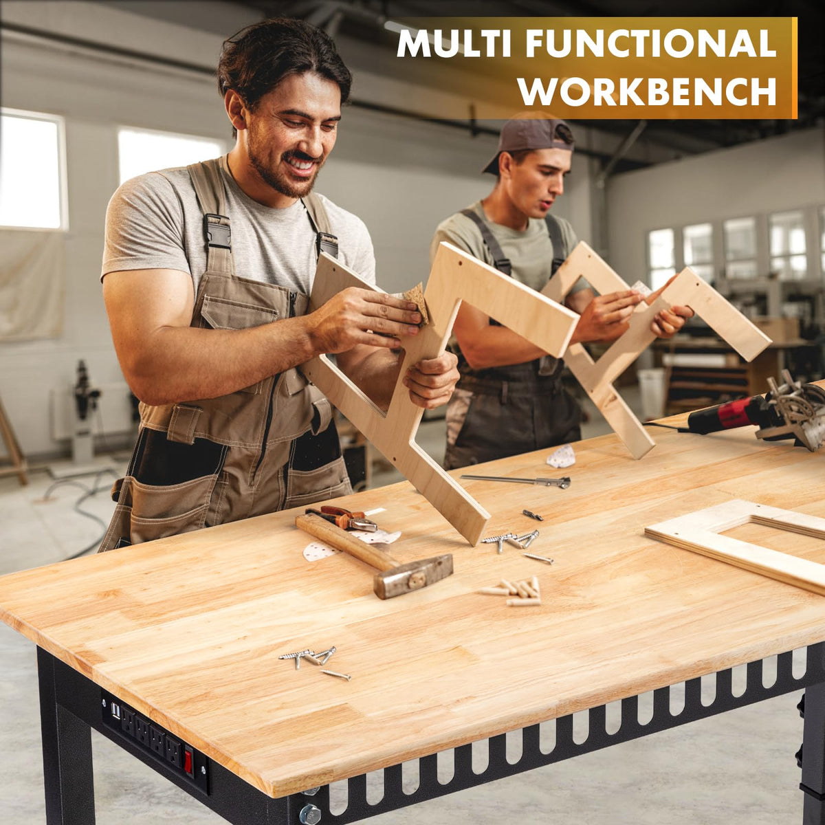 48" Adjustable Workbench, Work Table with Wheels and Power Outlet