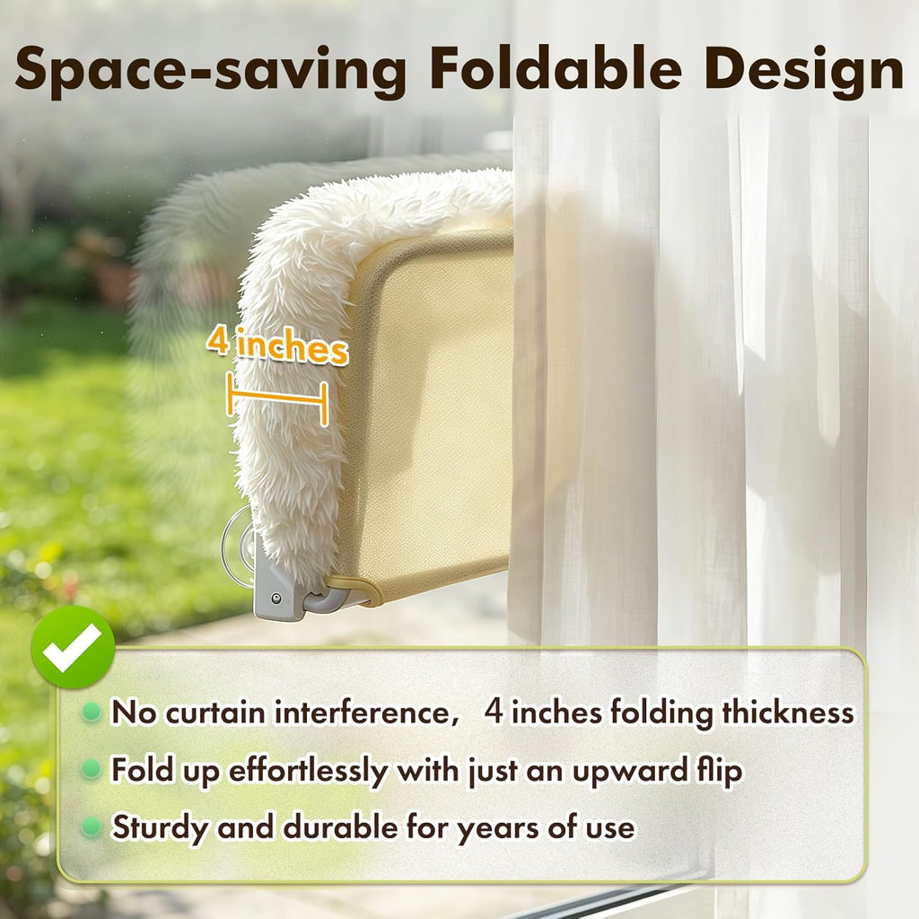 Cloud-Snuggle Cat Window Perch with 4-Sided Ultra-Thick & Fluffy Plush Cushion Bed, Foldable Cordless Cat Window