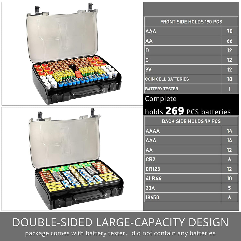 Battery Organizer Storage Case with Tester for 269 Batteries, Double Sides | Plastic, For AA AAA 4A C D Cell 9V 3V
