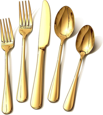 Gold Silverware Set for 8, 40 Piece Food-Grade Stainless Steel Flatware Set, Rust-proof Mirror Polished Cutlery