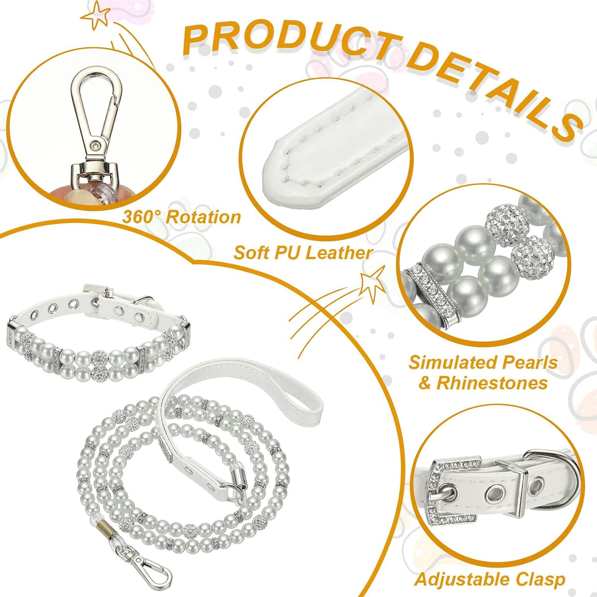 Pearl Dog Collar, Bling Pearl Cat Collar with Leash White, M