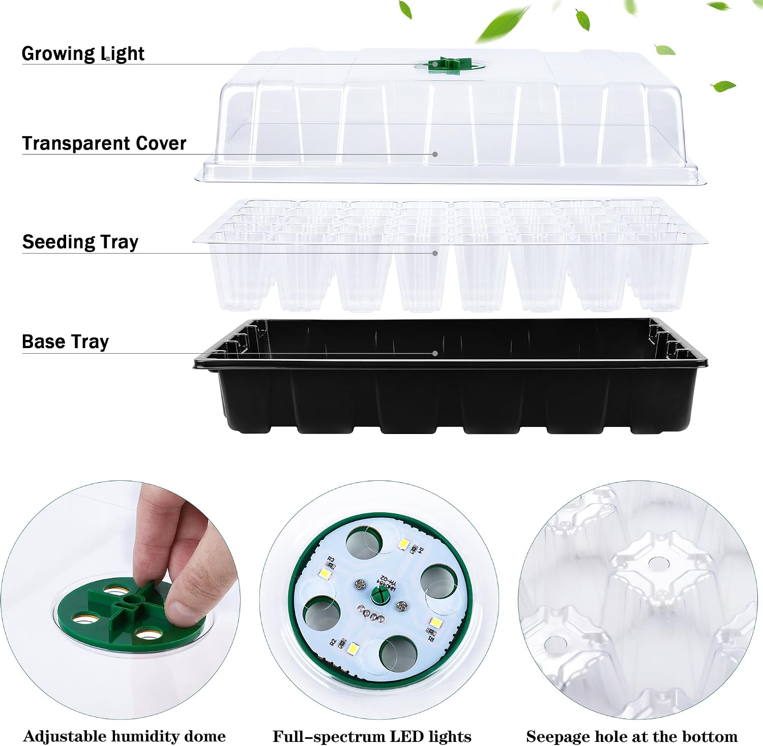 3 Pack Seed Starter Tray Kit with Grow Light Germination Trays with Humidity Dome, 120 Peat Pellets, Gardening Tools