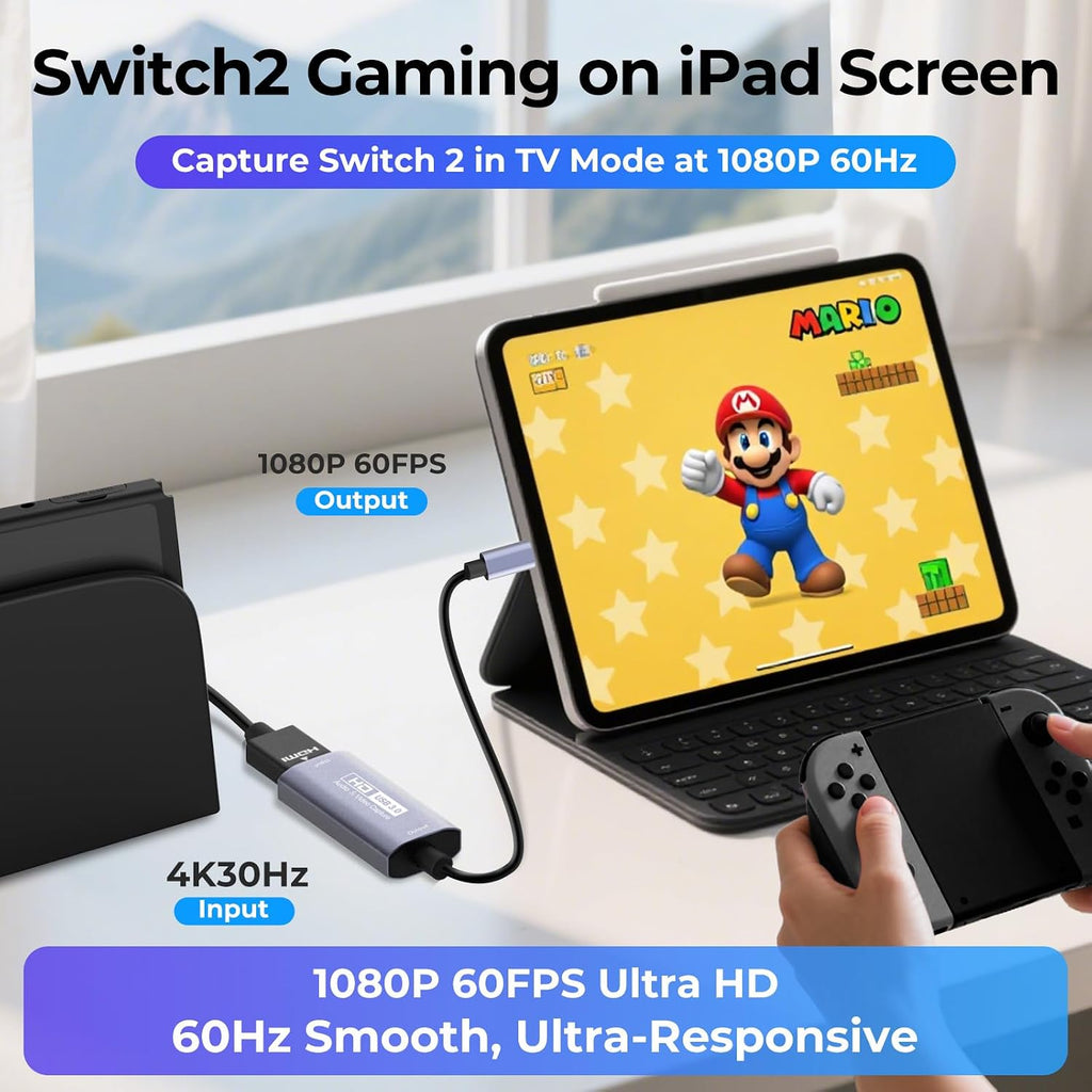 Video Capture Card, USB3.0 HDMI to USB-C Capture Device, 2K@30FPS | Stream & Record Gameplay at 1080P@60FPS