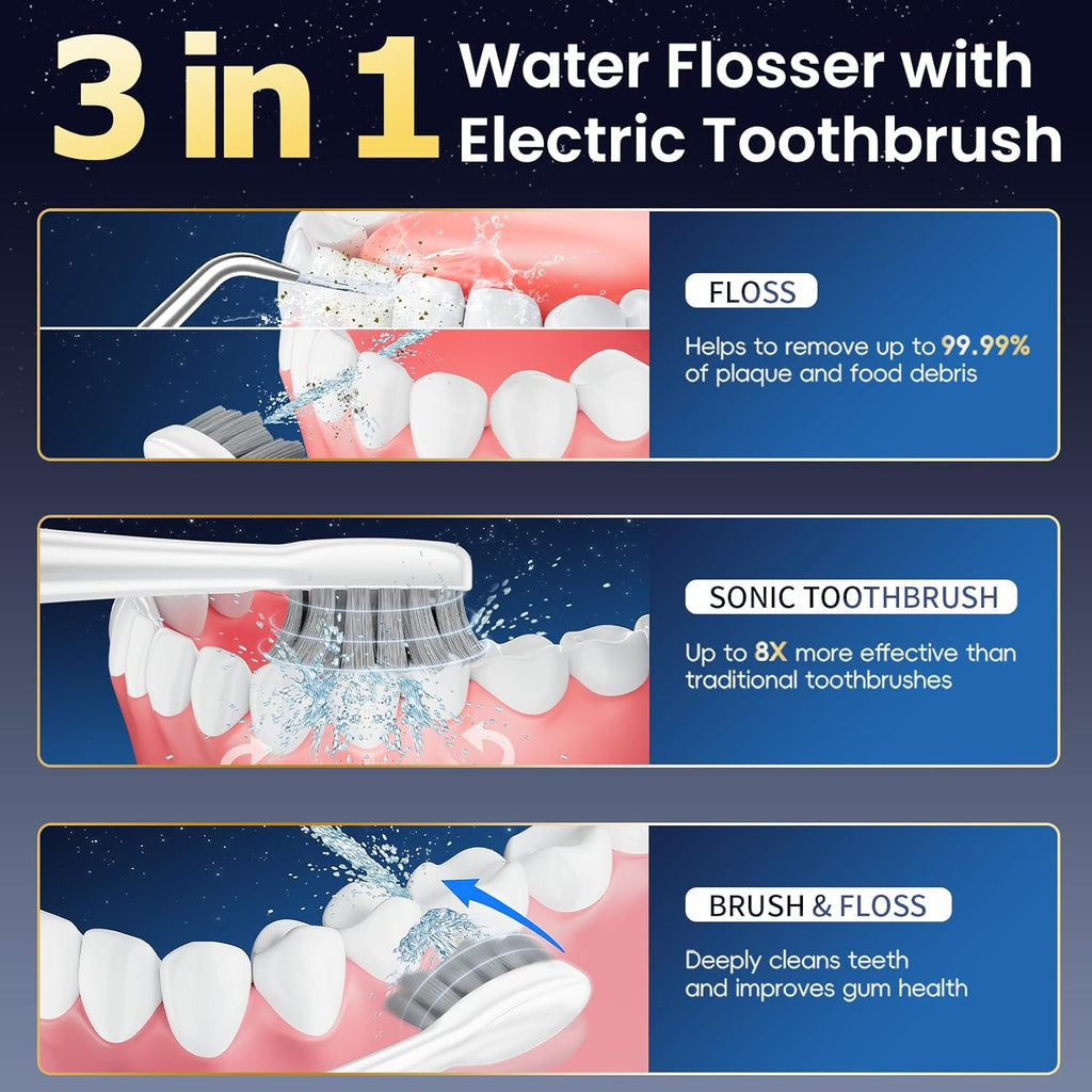 Electric Toothbrush with Water Flosser Combo, 3-in-1 Sonic Flossing Electric Toothbrush for Travel & Home, 330ml