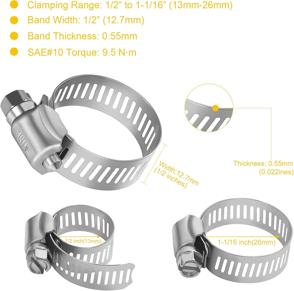 Stainless Steel Hose Clamps - 16 Pack Worm Gear Drive Hose Clamps SAE 10 Clamping Range of 1/2'' to 1-1/16''