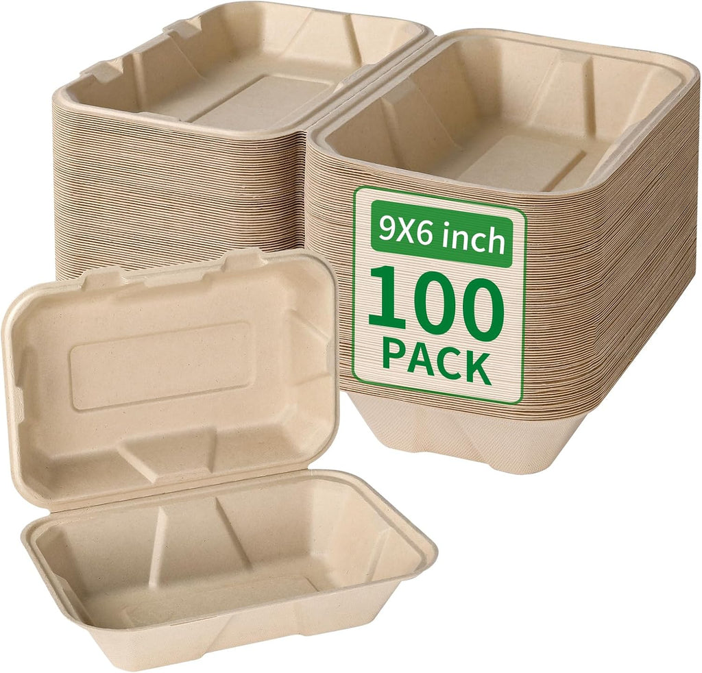Disposable 100 Pack 9×6 Inch Takeout Lunch Box Containers with Lids