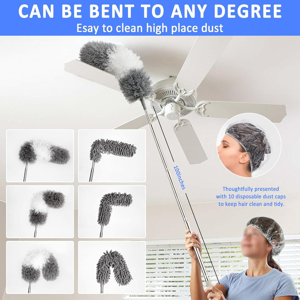Microfiber Duster Kit 23pcs with 30 to 100 Inches Extension Pole and Extendable Window Squeegee, Washable and