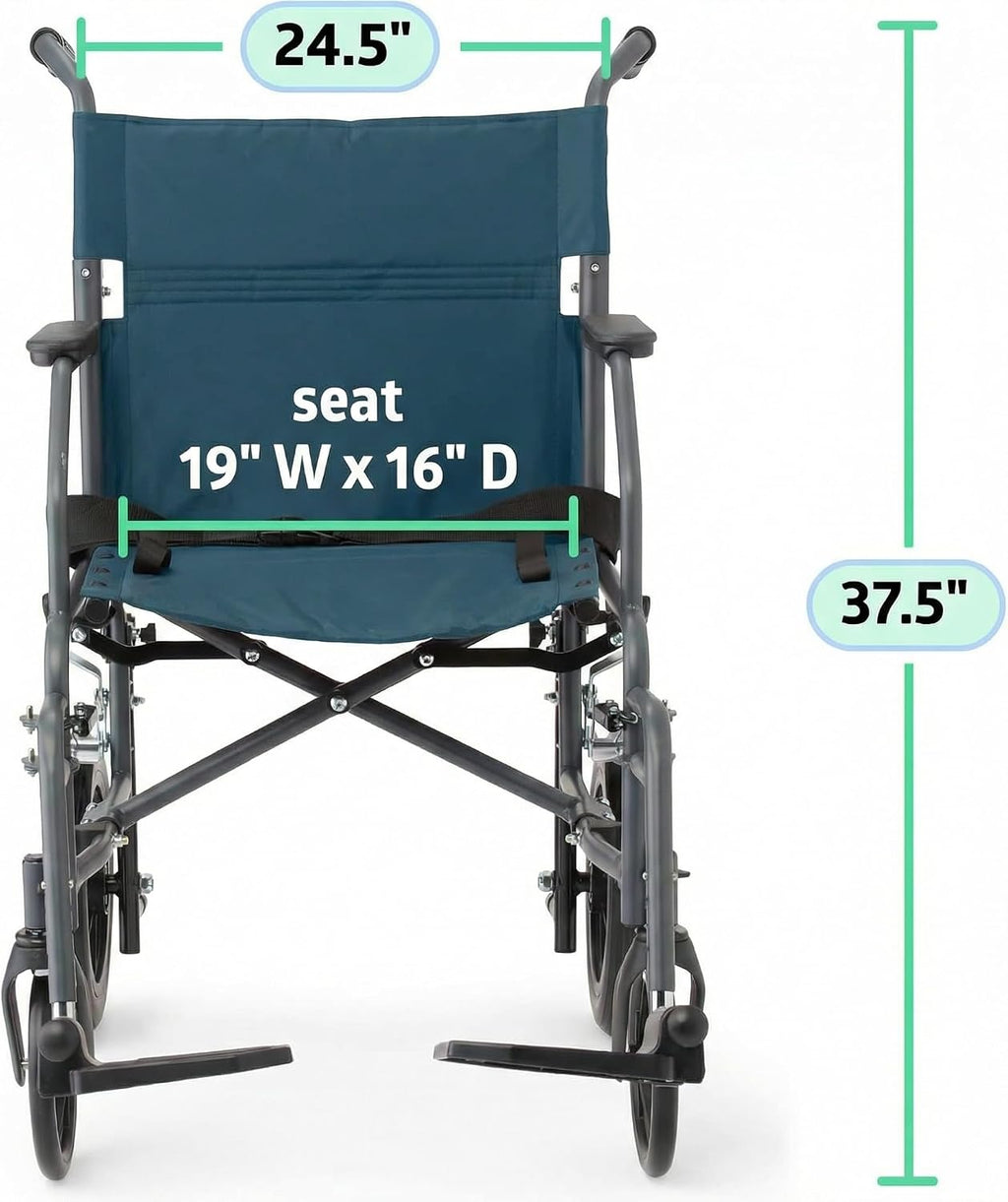 Durable Folding Steel Transport Wheelchair with 12-Inch Wheels, 19-Inch Seat Width, Gray Frame, Microban, Teal