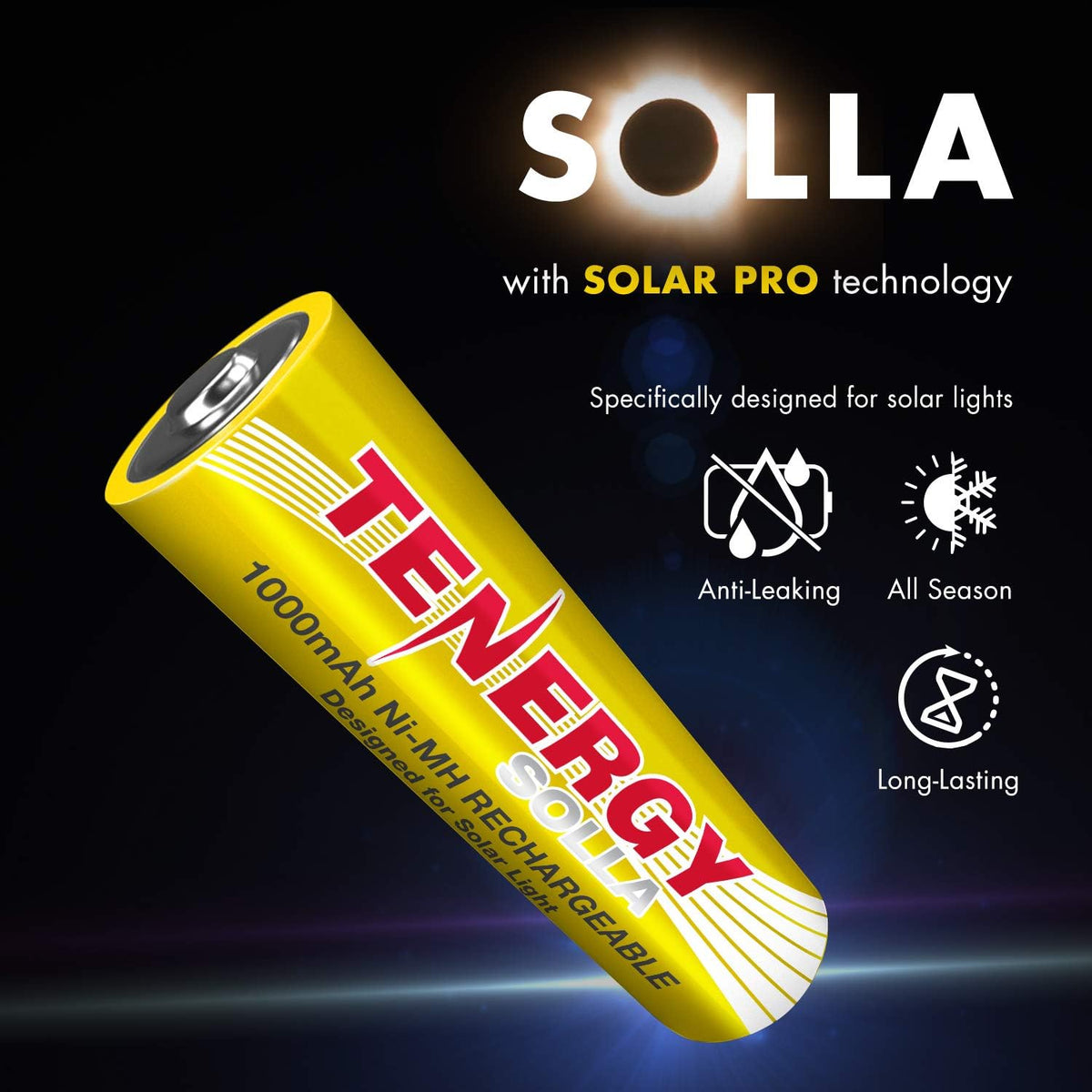 Solla Rechargeable NiMH AA Battery, 1000mAh Solar Batteries for Solar Garden Lights, Anti-Leak, Outdoor Durability