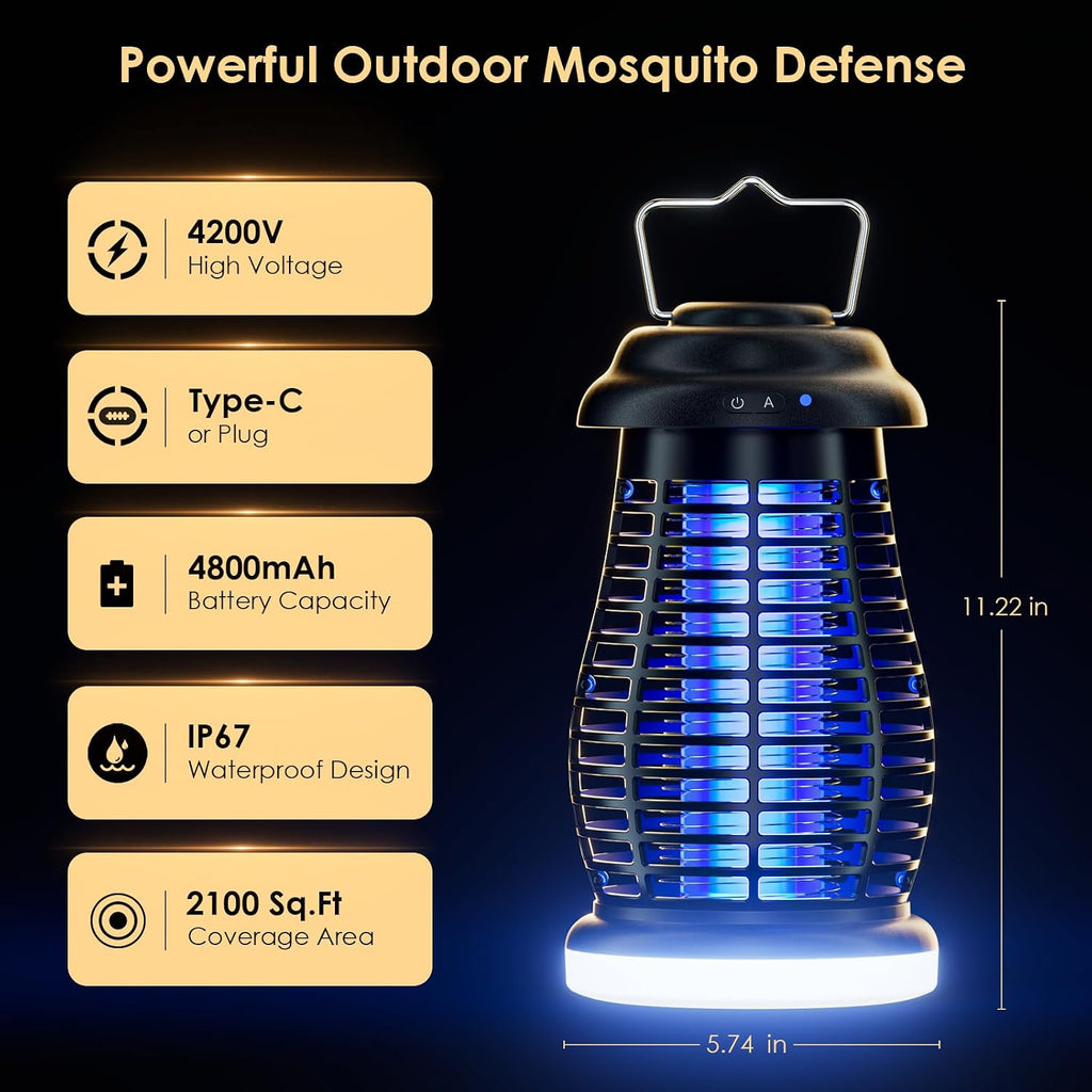 Cordless Bug Zapper Outdoor, 4200V Electric Mosquito Zapper, Fly Trap, Rechargeable Portable Fly Zapper, Waterproof