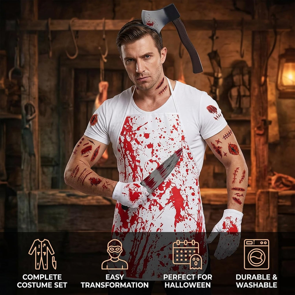 Butcher Costume Set, Scary Halloween Costumes with Apron and Props