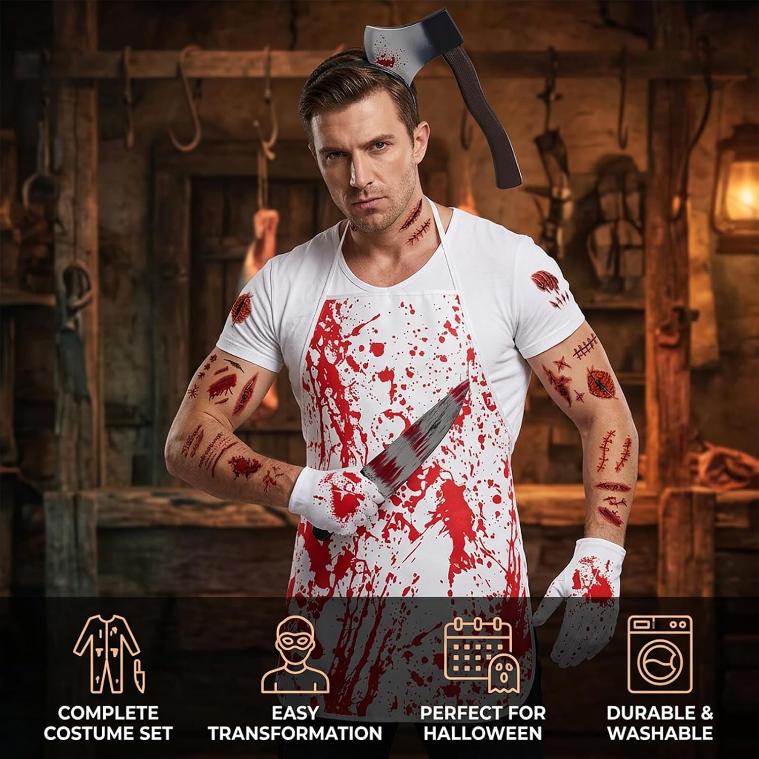 Butcher Costume Set, Scary Halloween Costumes with Apron and Props
