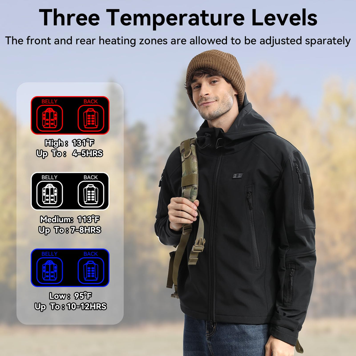 Men's Heated Jacket with 7.4V Battery Pack, 12 Heating Zones, Dual Control Soft Shell Heating Jacket Coat with Hood