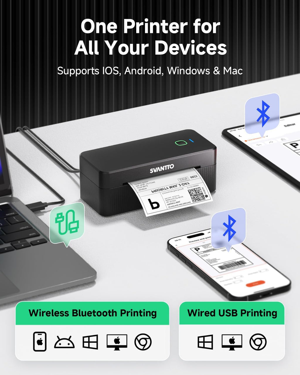 Thermal Label Printer, 4x6 Shipping Label Printer Bluetooth Wireless Label Printer for Small Business Compatible with