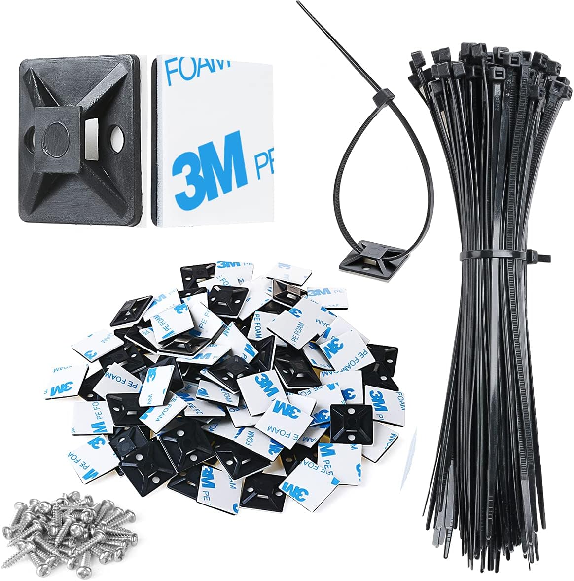 3/4" Strong Back-Glue Self Adhesive Black Cable Zip Tie Mounts 100pcs with 8" Zip Ties, Screws, UV Protection Outdoor