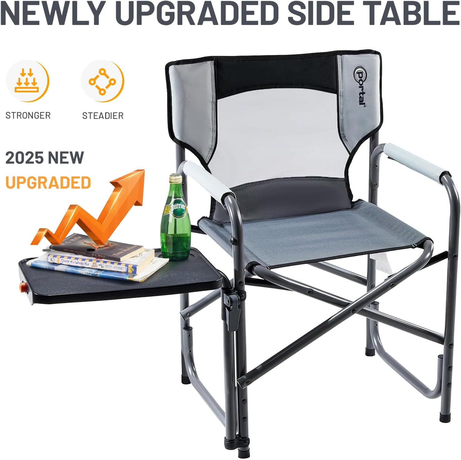 Director Camping Chair with 2-Way Rotating Side Table, 300 lb, Gray | Height-Adjustable Swivel Tray with Cup Holder