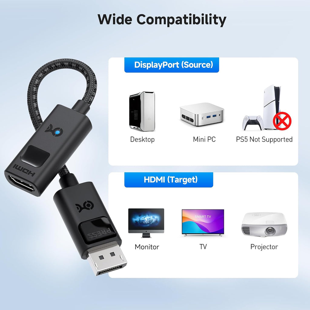 8K Unidirectional DisplayPort 1.4 to HDMI 2.1 Adapter | 8K@60Hz / 4K@240Hz, DisplayPort to HDMI 2.1 Cable Adapter
