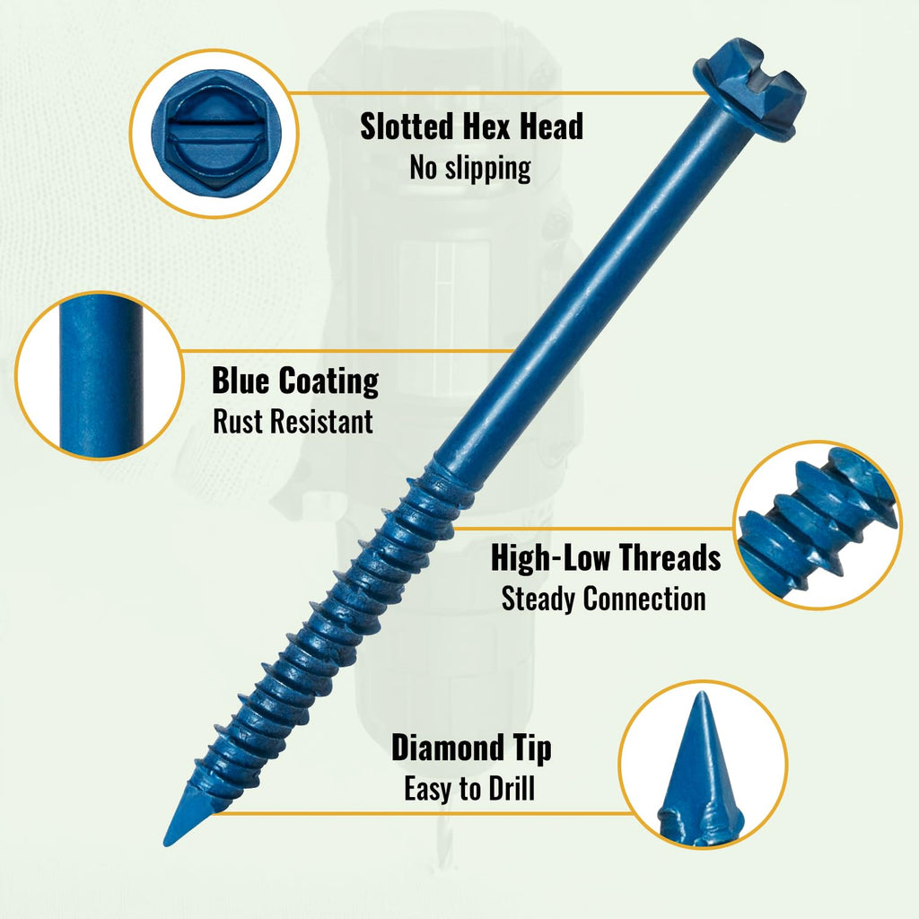 1/4" x 3-1/4" Blue Hex Concrete Screws with Drill Bit, 100 PCS | 3-1/4 Inch Masonry Screws for Concrete, Cement